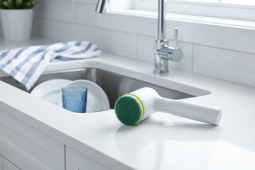 AI-created image of The SudsySpin dishwashing brush beside a kitchen sink